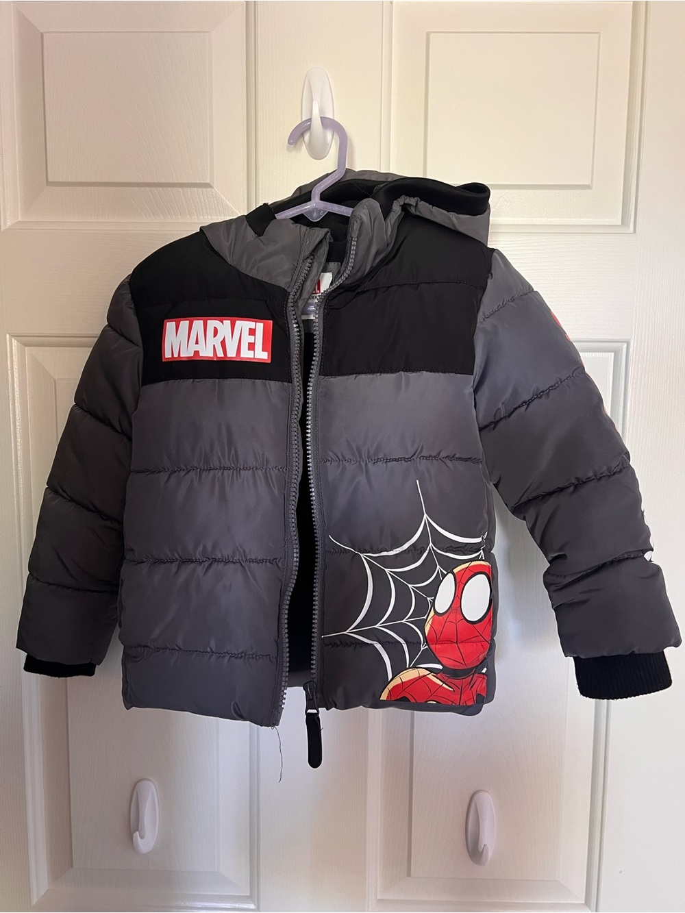 Marvel Gray and Black Spider-Man Quilted Hooded Jacket with Red Logo